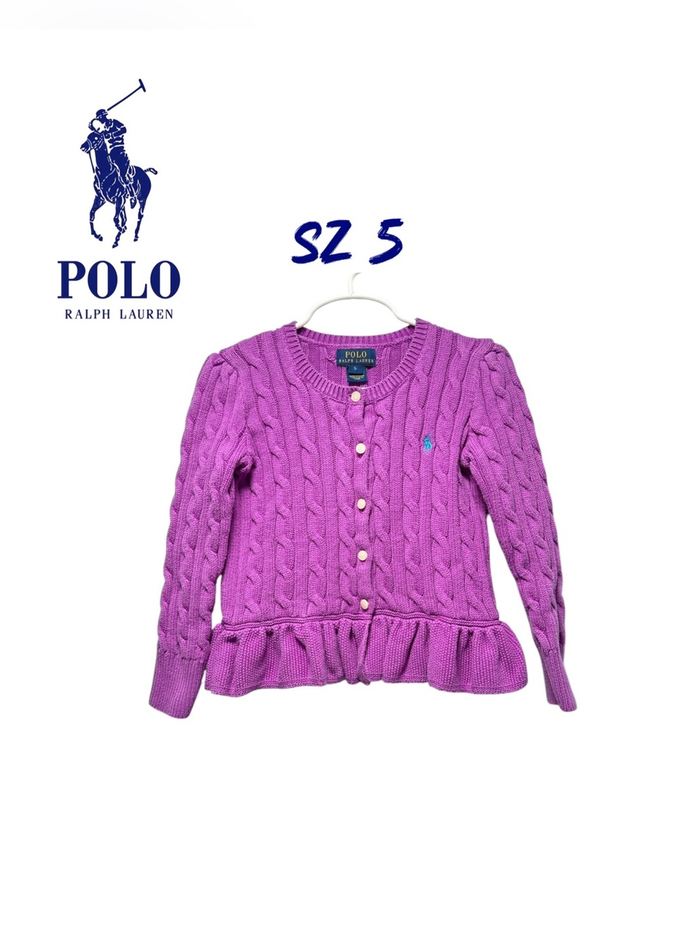 Polo Ralph Lauren Size 5 Purple Cable Knit Ruffle Peplum Cardigan Sweater
